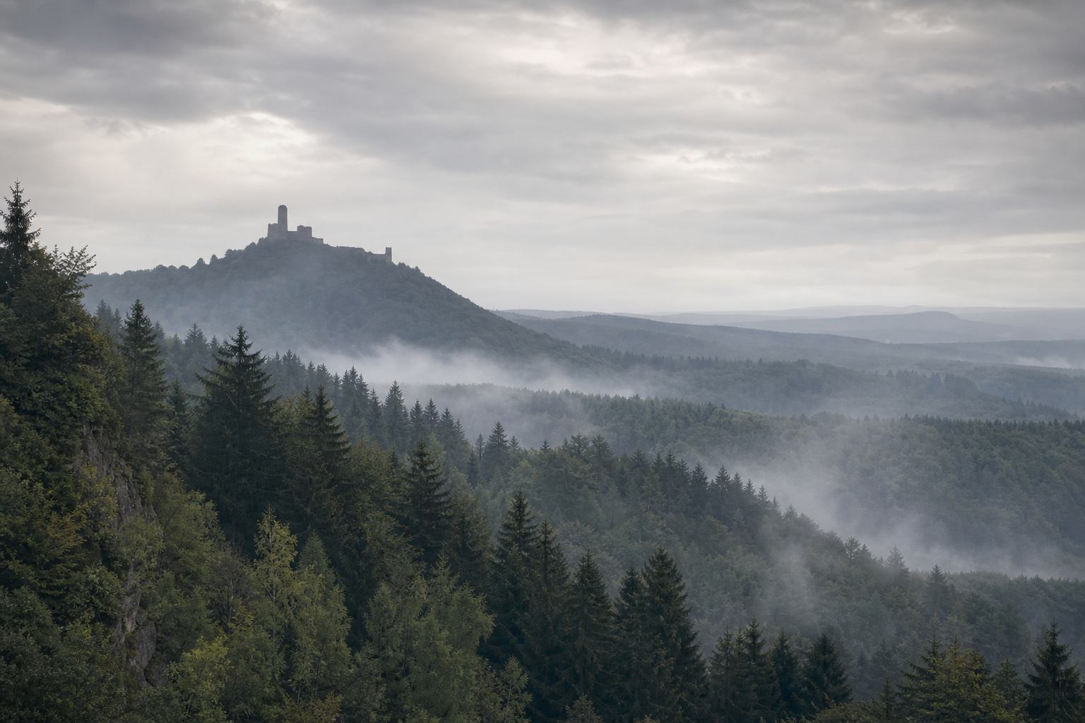 Harz-Tannenwald mit Nebel und Granitfelsen am Kammweg